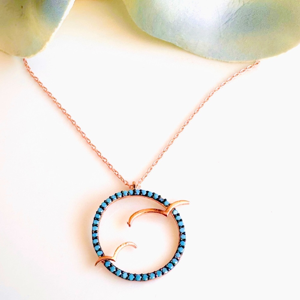 Sterling Silver Seagull in Circle Necklace, Flying Bird Pendant, Rose Gold